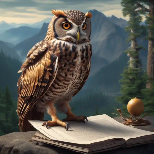 Wise owl on top of financial data mountain evaluating Security Selection, Asset Allocation, and Market Timing to calculate Alpha
