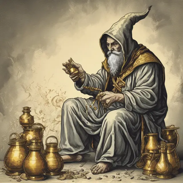 An alchemist fund manager transforming individual stocks (gold nuggets) into superior portfolio returns (piles of gold)