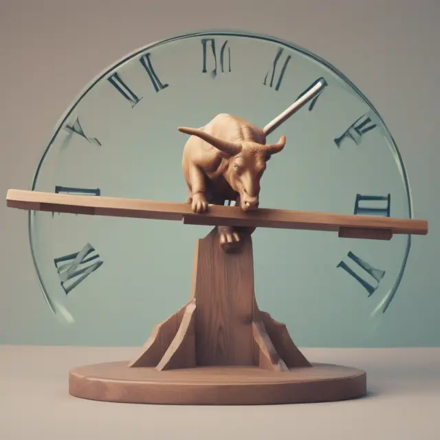 A market timer standing on a seesaw, balancing between bullish and bearish markets