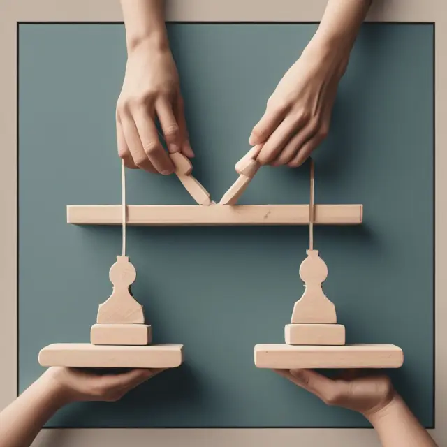 Two hands balance sector tiles on a seesaw, symbolizing the significance of sector selection in determining portfolio performance and its influence on attribution analysis