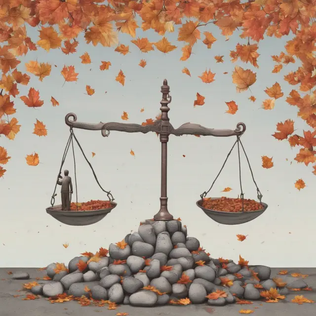 A balance scale illustrating the difference between attrition (leaves) and layoffs (rocks).