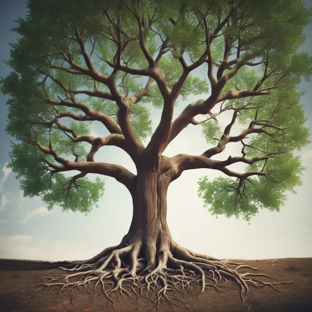 Image of a flourishing tree symbolizing employee growth and retention within a thriving workplace, with interconnected roots signifying teamwork and support.