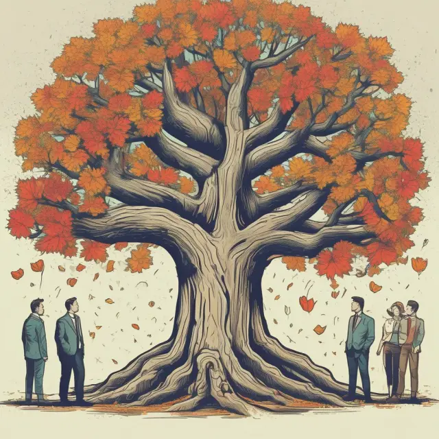 An image of autumn leaves falling gently from a large, old business tree with the text 