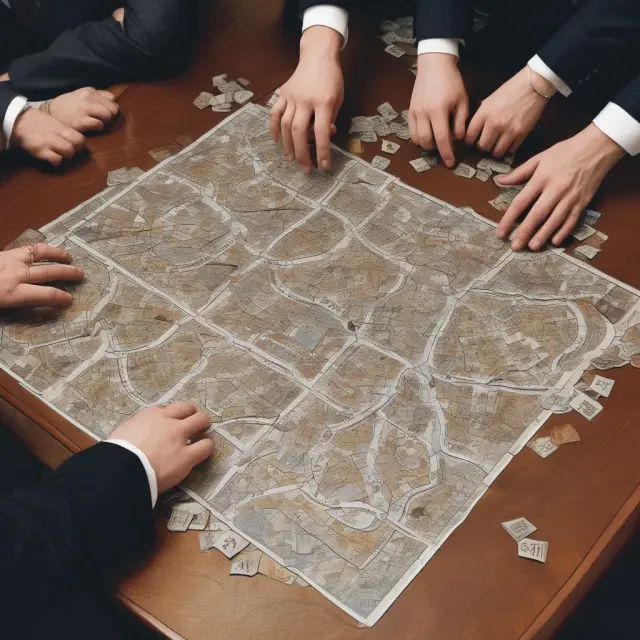 Government official placing jigsaw puzzle pieces of Treasury bonds on table for various bidders to complete the image, representing auction markets and financing activities