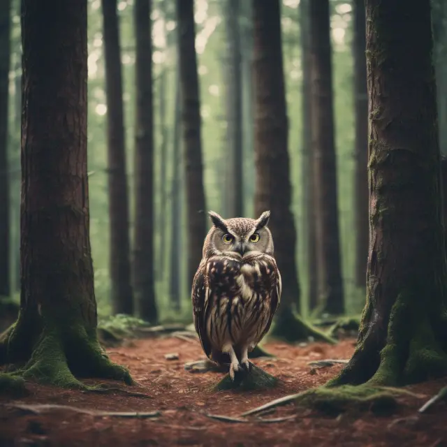 An owl, symbolizing an audit committee, watches over financial reports in a forest, ensuring accuracy and compliance within corporate governance.