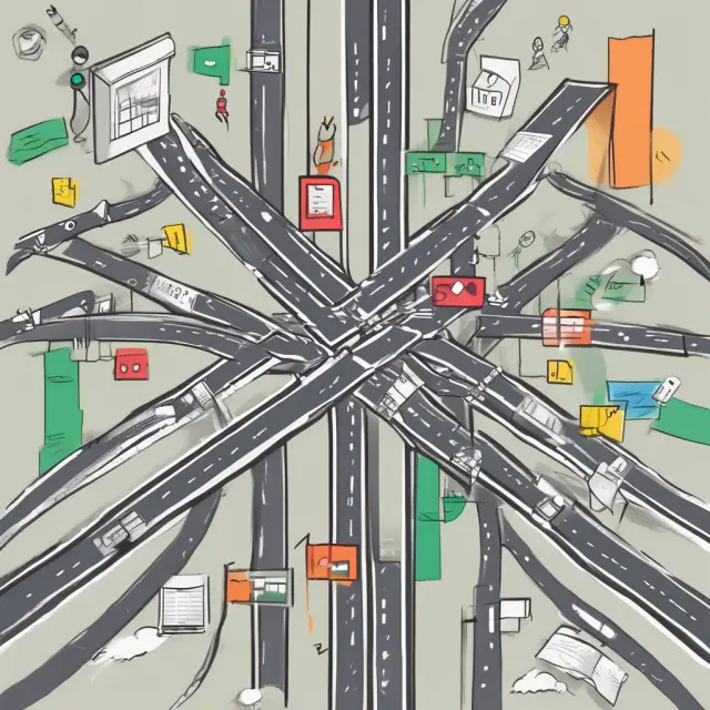 An auditor stands at a fork in the road, symbolizing audit risk management. One path represents material misstatement risk, while the other symbolizes detection risk.