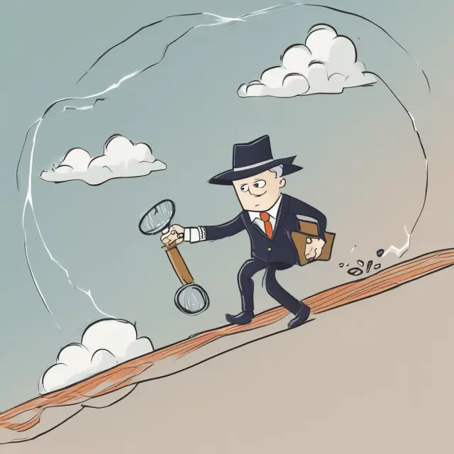Auditor balancing detection risk on a tightrope over financial data, magnifying glass in hand