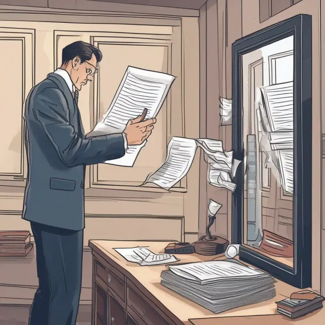 Auditor examining financial records reflected in a mirror, signifying an unqualified or clean opinion