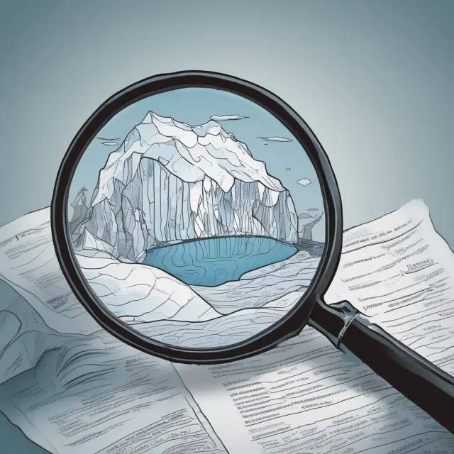 Auditor scrutinizes financial statement with magnifying glass, uncovering underlying issues and potential fraud (Adverse Opinion)