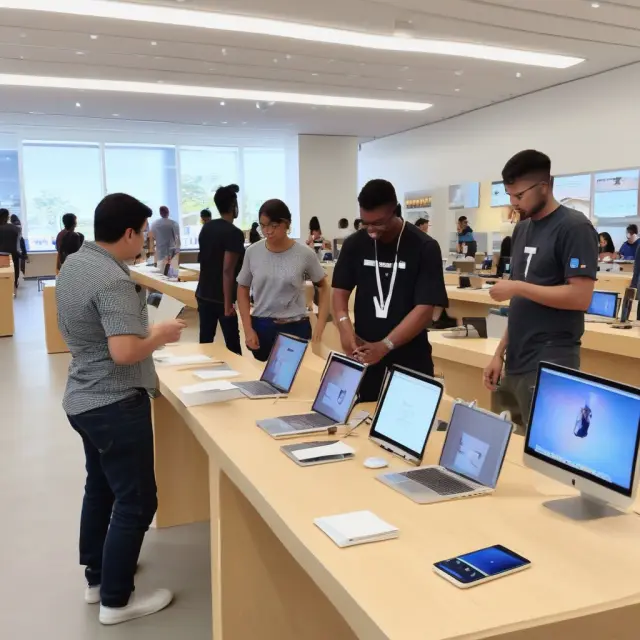 An apple logo emblem adorns a tranquil, beautifully designed retail space where a genius bar expert helps a customer navigate their device