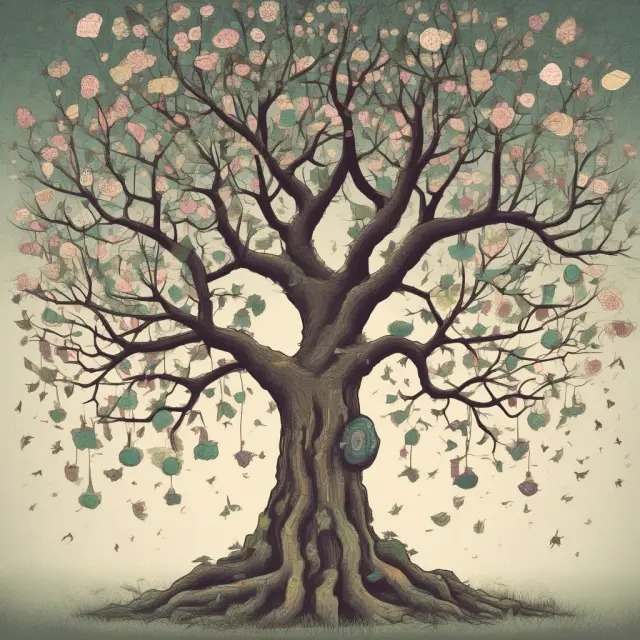 A tree with blossoming branches symbolizing augmented products, offering bonus features like loyalty programs or freebies for growth