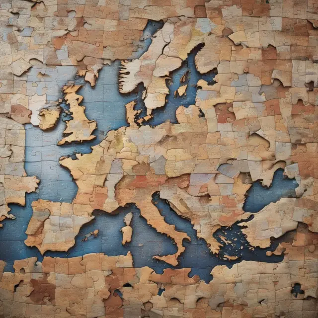 European countries rebuilding their economies through austerity measures, represented by jigsaw puzzle pieces.