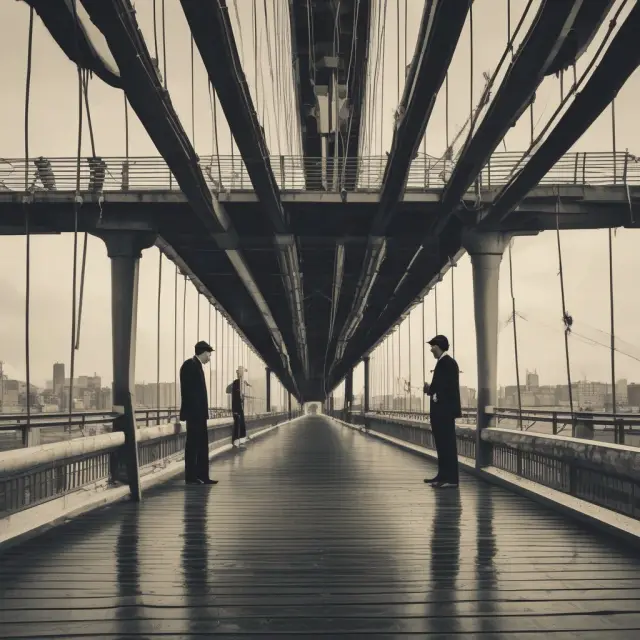 Two economists facing off on a bridge, one advocating austerity with a balance scale and the other promoting stimulus through a shovel