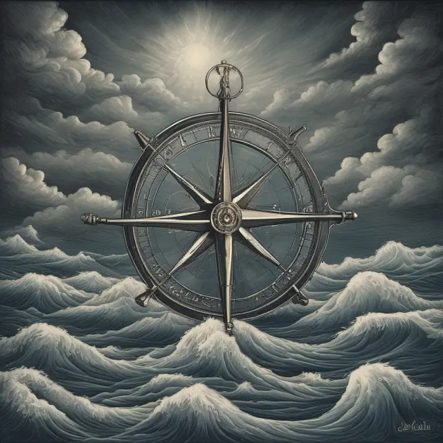 A compass with an anchor symbolizing government and a stable, steady hand representing austerity policies navigating through turbulent economic seas