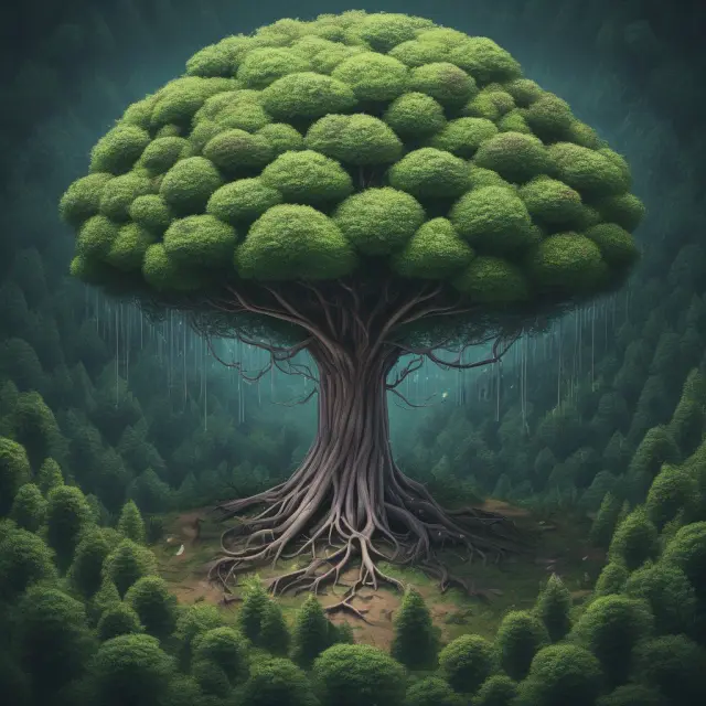 A lone tree symbolizing an autarkic nation surrounded by thriving economies in a forest, emphasizing the importance of international trade and cooperation