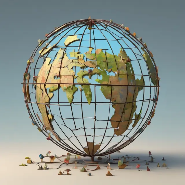 Globe with autonomous puzzle pieces, illustrating self-reliant economy in an autarkic context