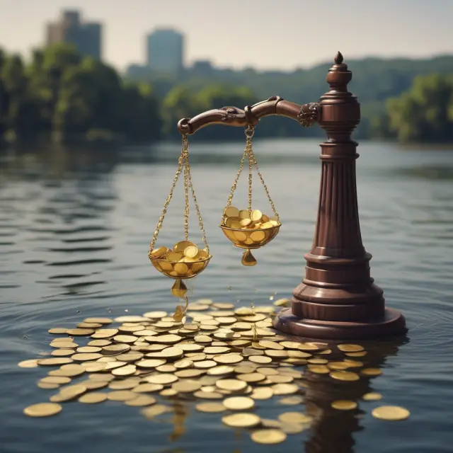 An image of golden coins in scales, symbolizing authorized shares. Some coins are poured from the scales into a flowing river, depicting outstanding shares.