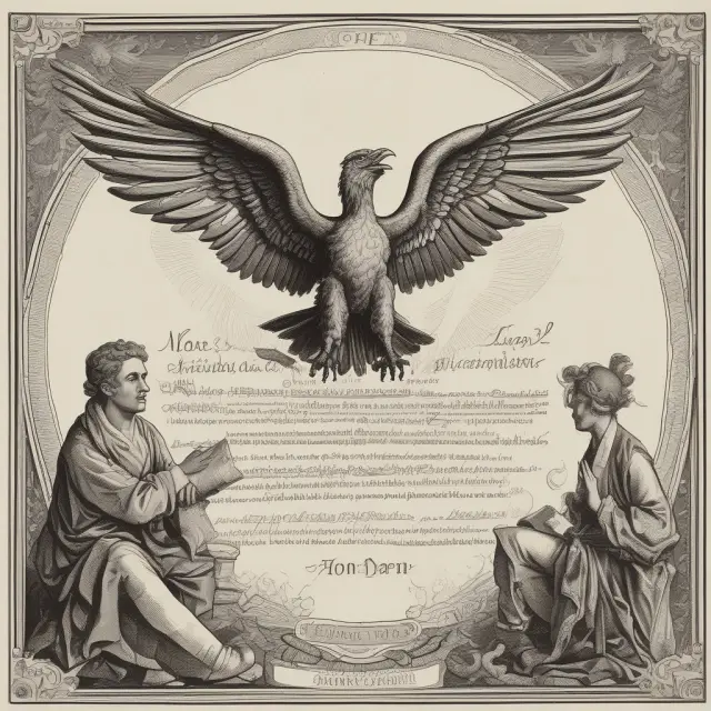Phoenix and griffin signing a scroll symbolizing the corporate charter, with an hourglass showing time passing and stocks in piles.