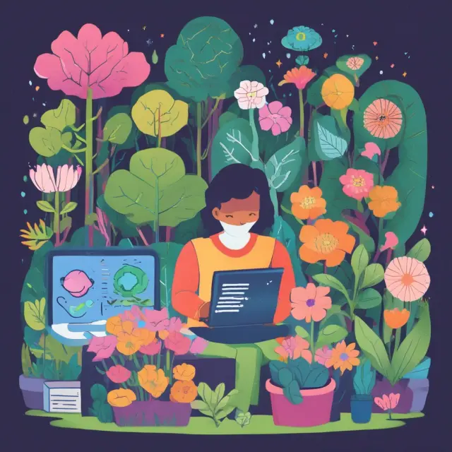 Person tending to a digital garden filled with blooming bills, symbolizing automatic bill payments