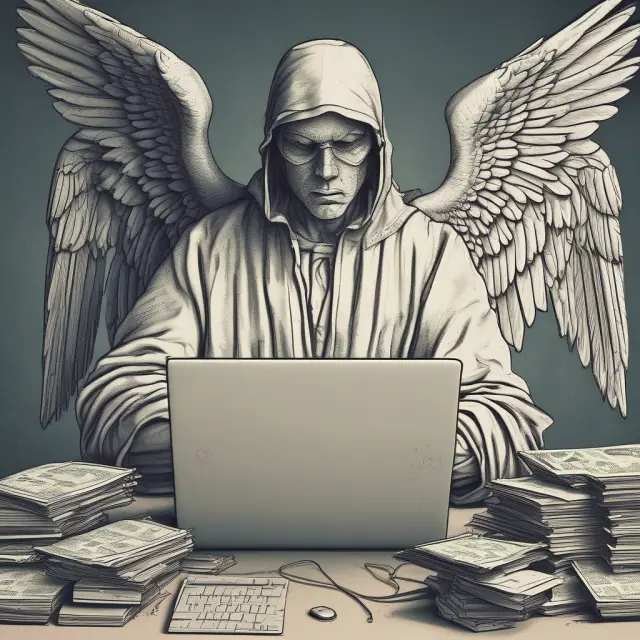 An angel shielding a person from a hacker trying to intercept their online banking information during an automatic bill payment transaction.