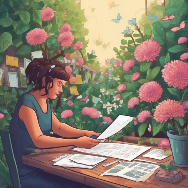 A person nurturing a digital garden with various automated bill payments, ensuring a balanced budget and peace of mind.