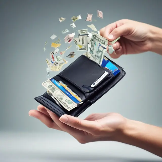 A person manages their bills using a digital wallet with falling bills in the background, representing flexibility and control over automatic bill payments.