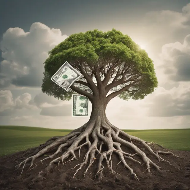 Tree symbolizing cash value life insurance, with trunk representing the policy, premiums as branches, and growth in financial security.