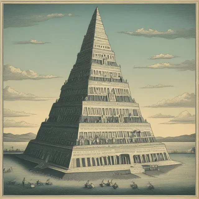 A progressive tax structure visualized as a multi-tiered pyramid pouring into a stable, tranquil river, symbolizing the stabilizing effect on the economy.