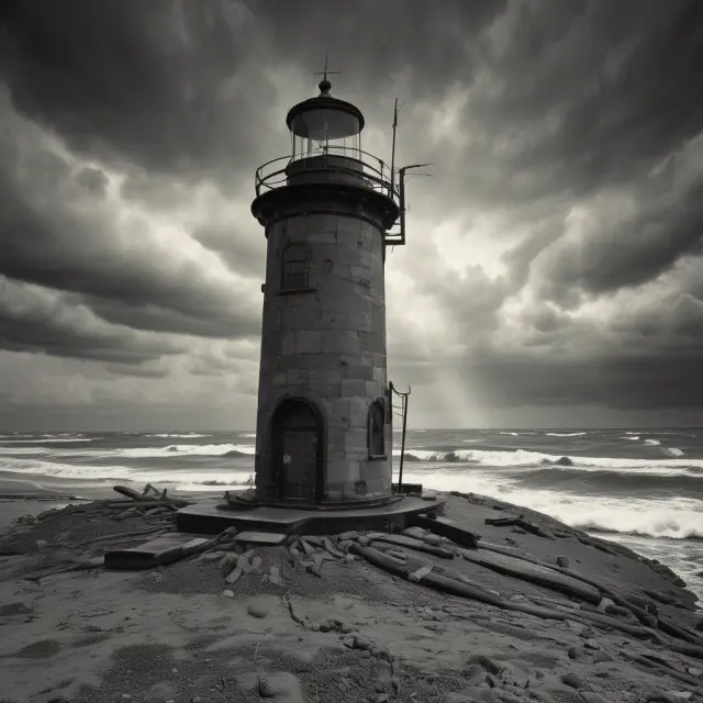 A lighthouse standing strong amidst turbulent economic waters, symbolizing automatic stabilizers