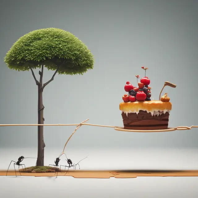 An ant balancing essentials (house, tree) and non-essentials (cake, toys) on a tightrope during the journey to illustrate autonomous vs discretionary consumption.