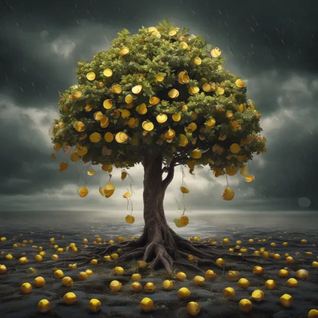 Golden apples falling from a tree during a storm represent essential expenses. The stable tree signifies effective budgeting and resourcefulness.