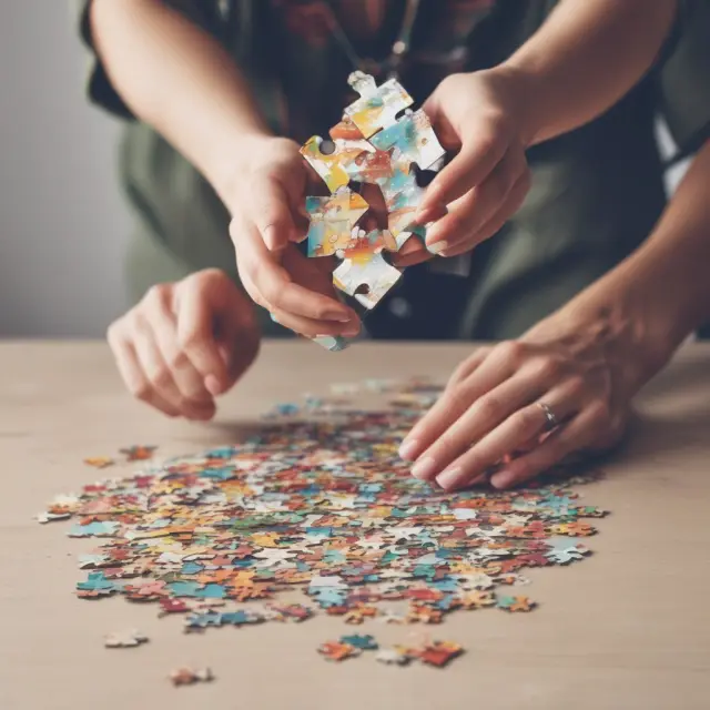 Person examining jigsaw puzzle pieces labeled with FAQ questions about autonomous consumption