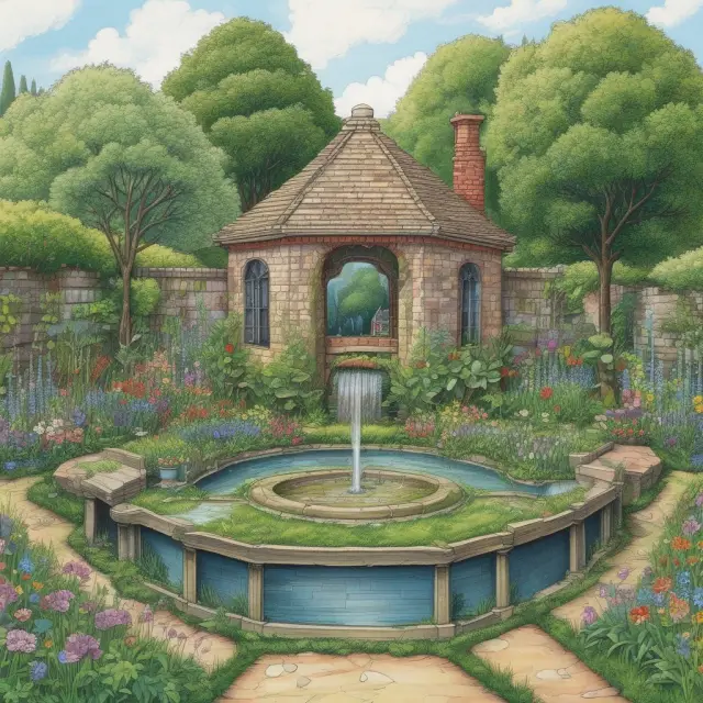 A wellspring supplying water to blooming flowers representing basic needs and societal functions, demonstrating the consistent nature of autonomous expenditures.