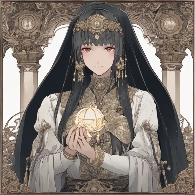 A fortune teller holding an hourglass filled with ARIMA coefficients, providing future investment predictions based on historical data.