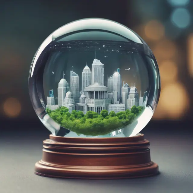 ARIMA model analyzing historical data, symbolized by a crystal ball, to forecast future financial trends