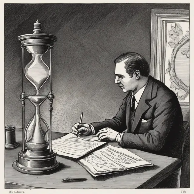 A banker examines a check under an hourglass, illustrating the time-limited process of holding checks before releasing funds.