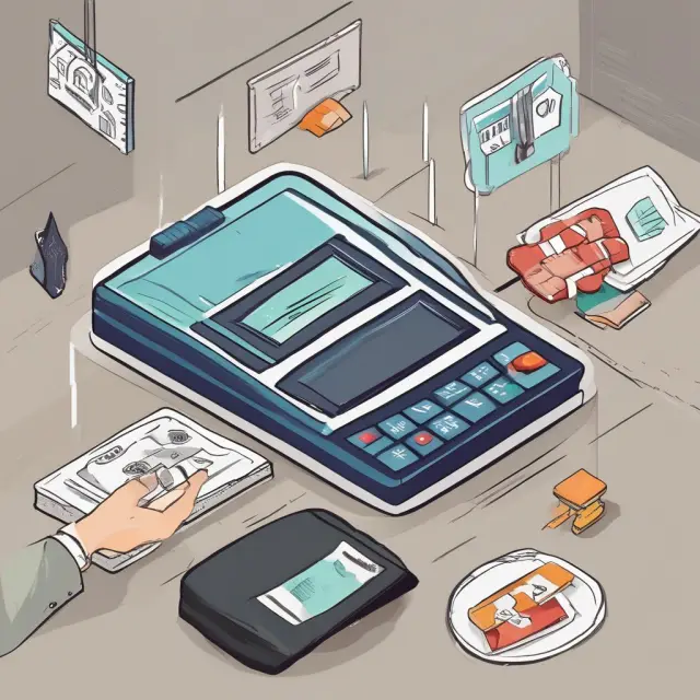 A scale with electronic banking on one side representing convenience, while the other side shows potential risks such as insufficient funds and security concerns.