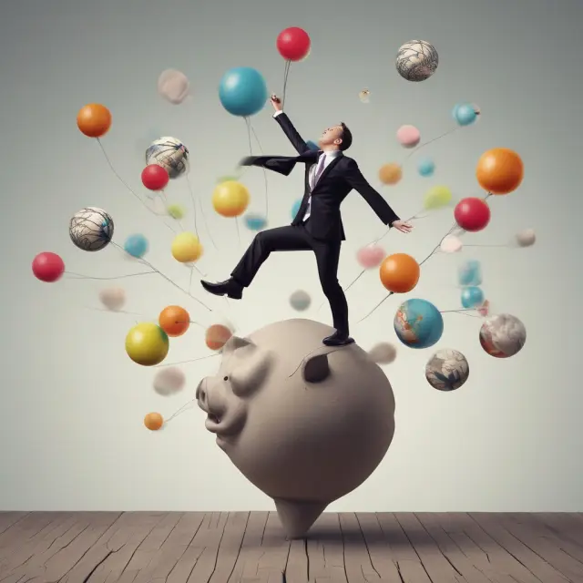 A person skillfully juggles balls labeled 
