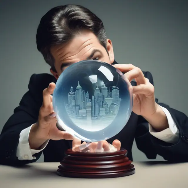 An investor holding a crystal ball filled with stocks, contemplating available-for-sale securities.