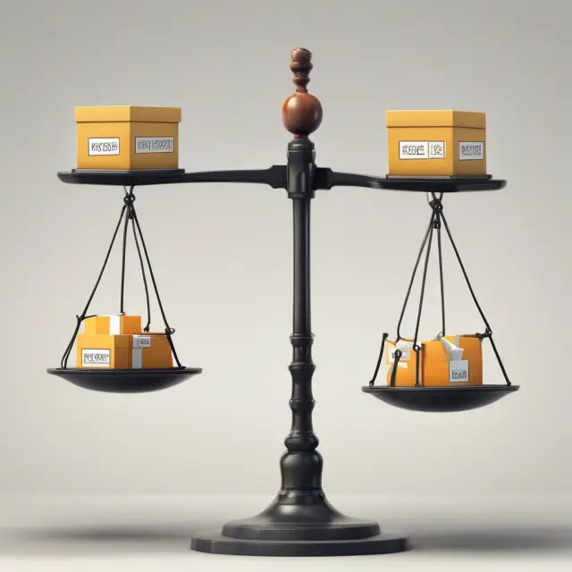 A visualization of two weighing scales: one with boxes representing efficient inventory management (lower average age) and the other showing less effective inventory management (higher average age).