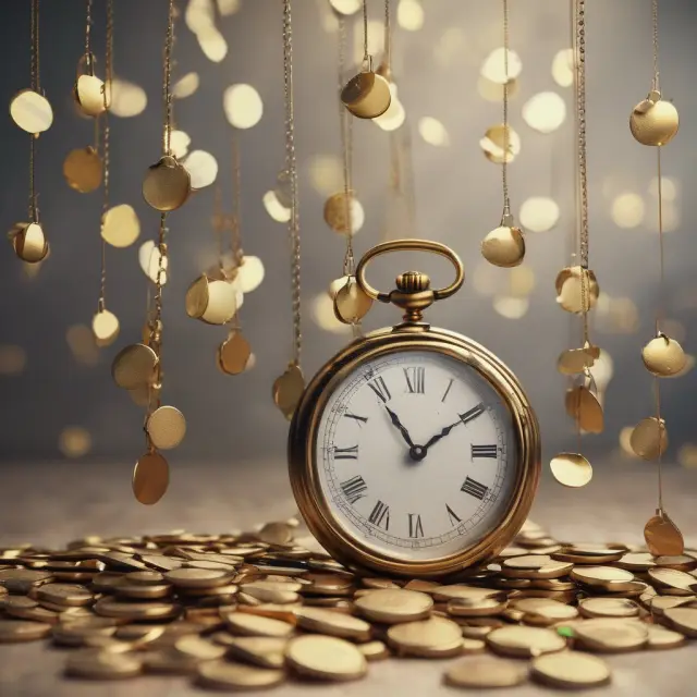 A visualization of calculating Average Age of Inventory with two interconnected clocks, pendulums swinging over stacks of coins and invoices