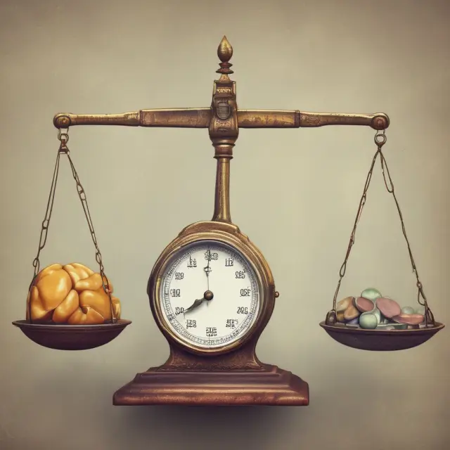 Two piles of inventory: one older, one newer, on a set of scales, representing comparison using the average age of inventory