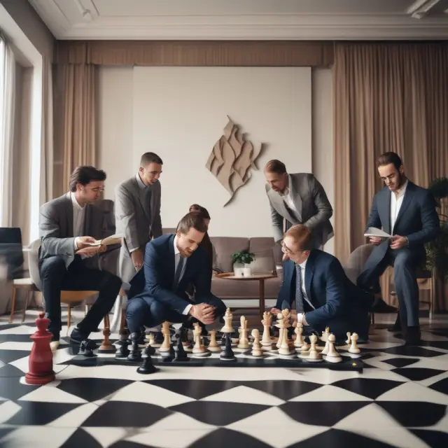 Hoteliers examining ADR trends on a chessboard, representing competitive analysis in the hotel industry