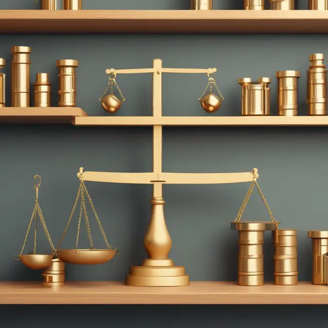 Golden scale displaying average inventory levels, balancing weights and stacked shelves.
