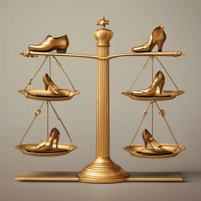 Two golden scales balanced with various shoes representing average inventory levels, illustrating effective inventory management for a shoe business.
