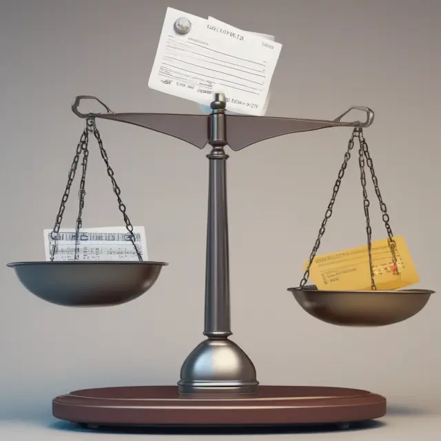 Scale comparing late payment fees to an overflowing pile of credit card statements