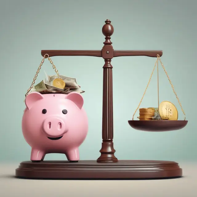 Image shows a pair of scales with a piggy bank on one side and a consumption basket on the other, symbolizing the balance between disposable income and spending in Average Propensity to Consume.