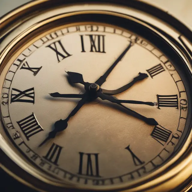 A golden clock with hands indicating the