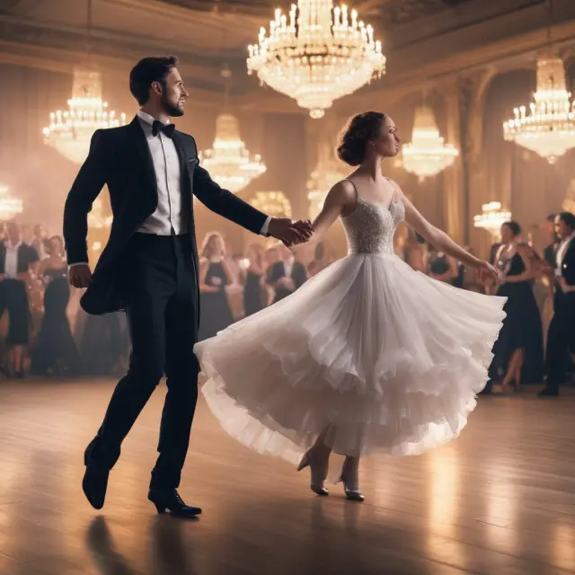 Three dancers performing at a grand ballroom: FIFO (older man with cane), LIFO (younger man with top hat) and Average Cost Method (woman in elegant gown, averaging the others