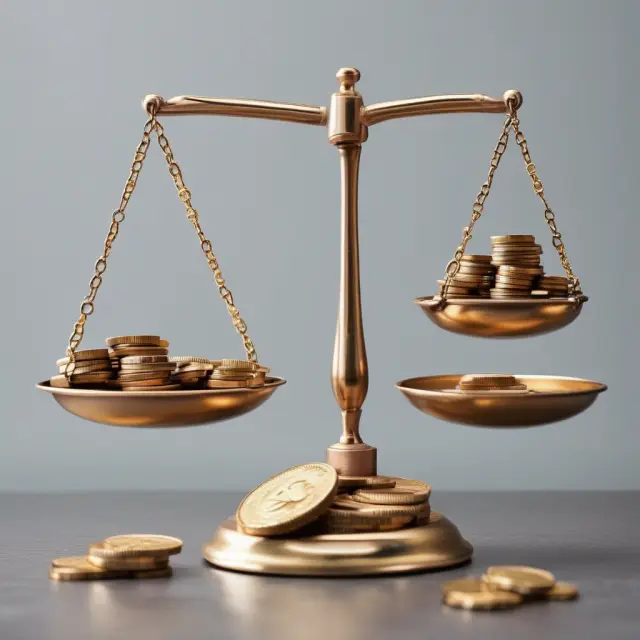 Balanced scales filled with averaged coins, representing the consistency of average cost method.